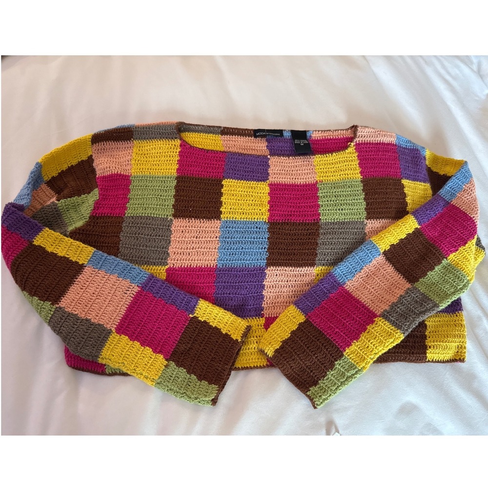 Moda International Crochet Patchwork Checkerboard Cropped Sweater Multicolor M